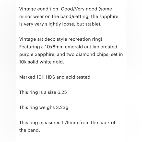 HDS 10K Purple Sapphire Diamond Art Deco style vintage lab created gold …​ - Picture 11 of 11